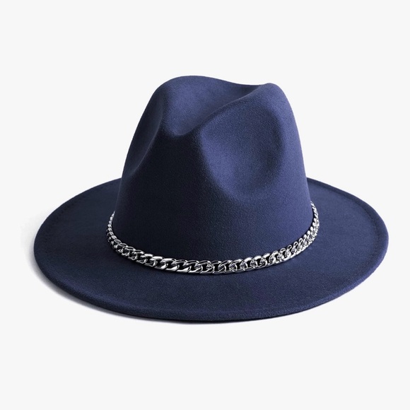 Navy Fedora with Silver Chain